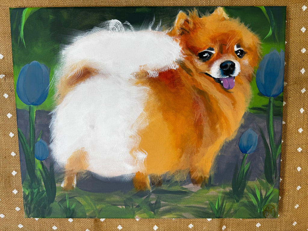 Pomeranian and Tulips Original Painting